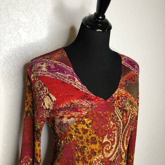 Alberto Makali red gold mixed floral print sequin crinkle top size Large - Picture 2 of 16